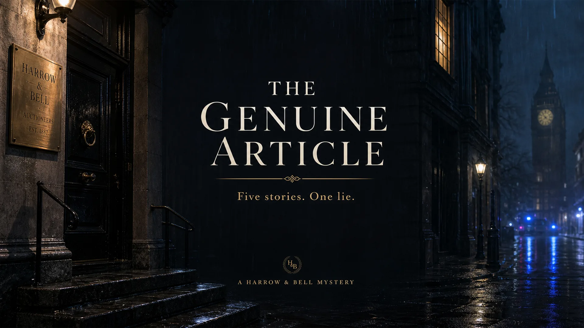 The Genuine Article title art — Five stories. One lie. A Harrow & Bell mystery.