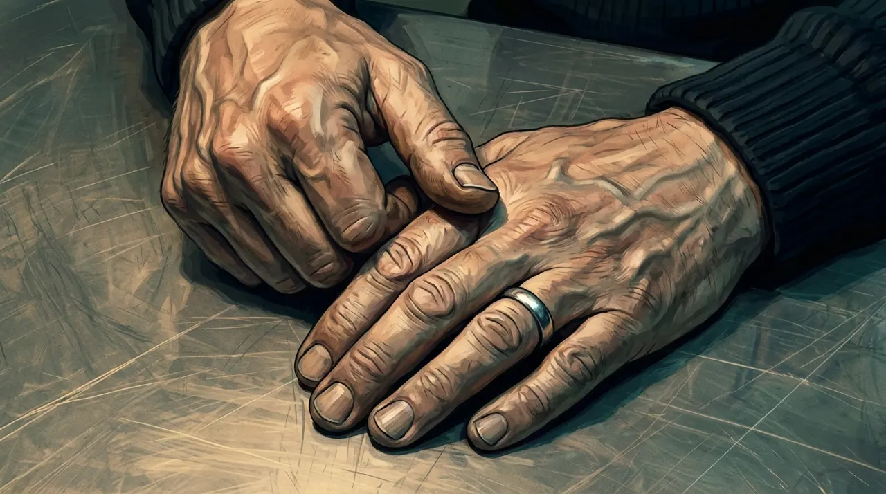 Close-up of weathered hands rubbing at the knuckles on an interview-room table — a nervous tell.