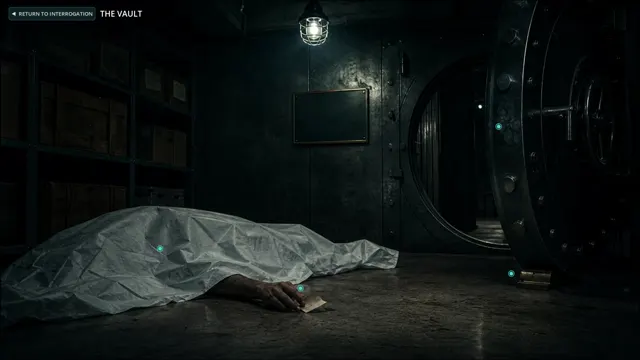 Gameplay screenshot: vault crime scene