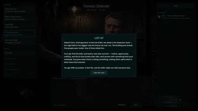 Gameplay screenshot: case briefing