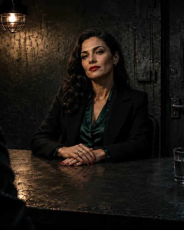 Celia Marchetti, composed, hands folded on the table